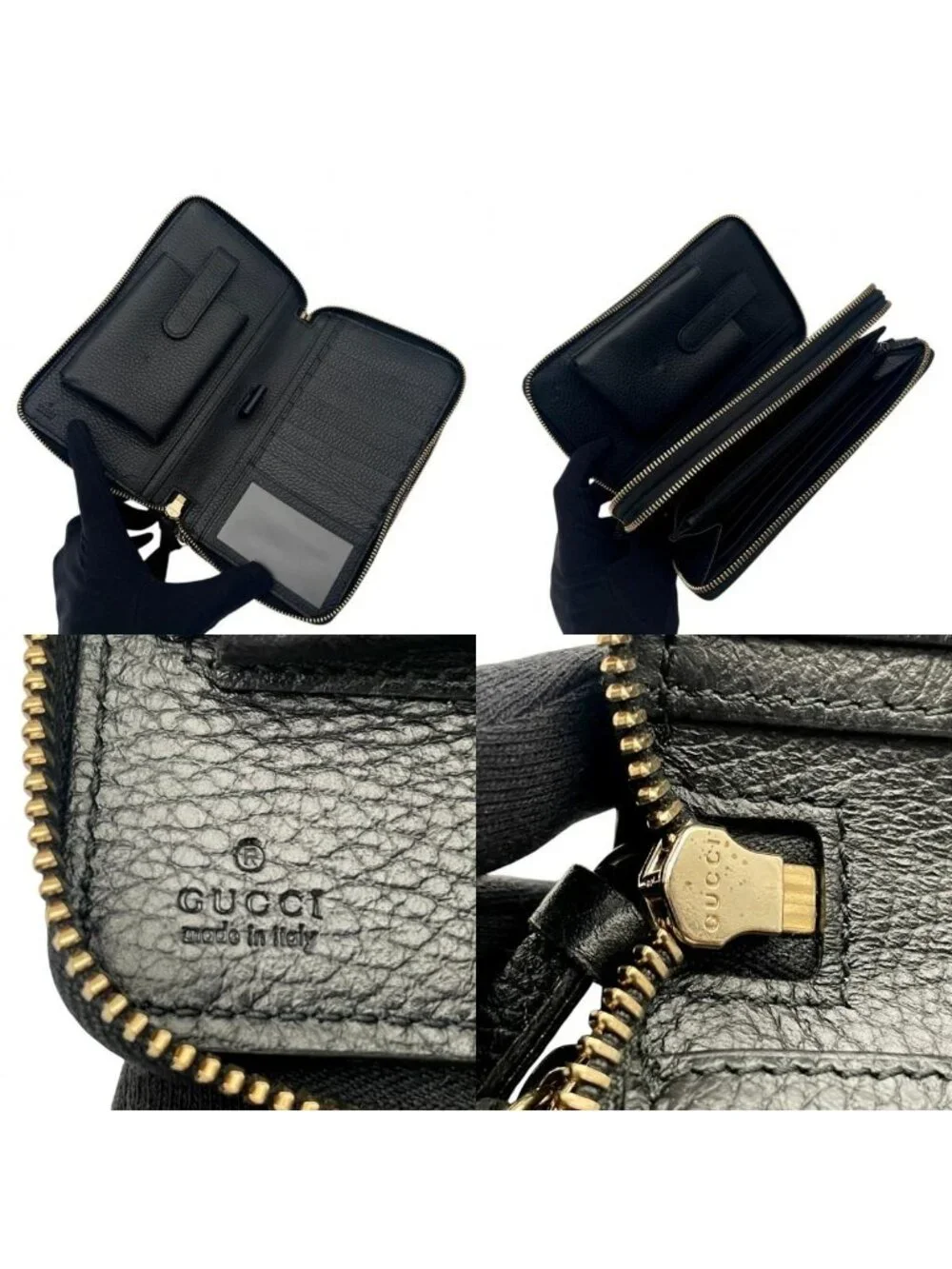 Gucci Wallet Swing Travel Case Bifold Double Zipper Zip Around Leather Black